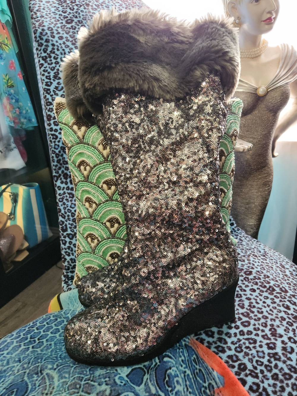 Joan Boyce Sequin Fur-Trim Wedge Boots - Silver Glitter7 1/2
